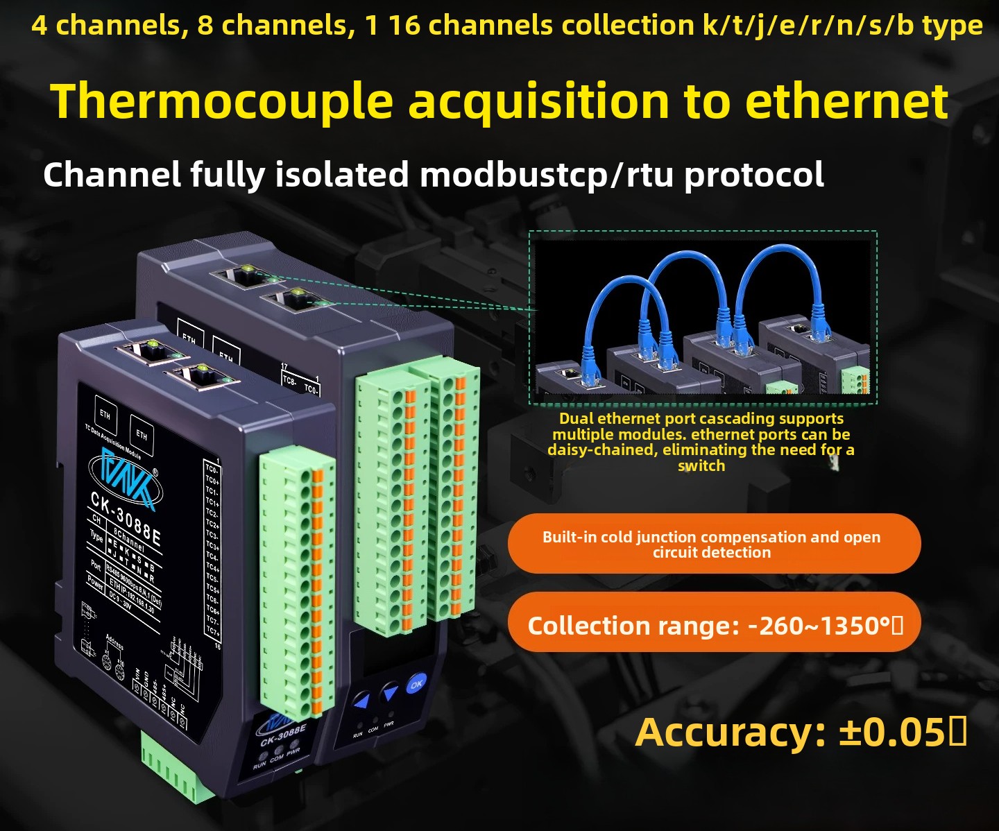 Thermocouple Module K Type - 8CH Tamamen İzole Edilmiş K-Tipi Termokupl